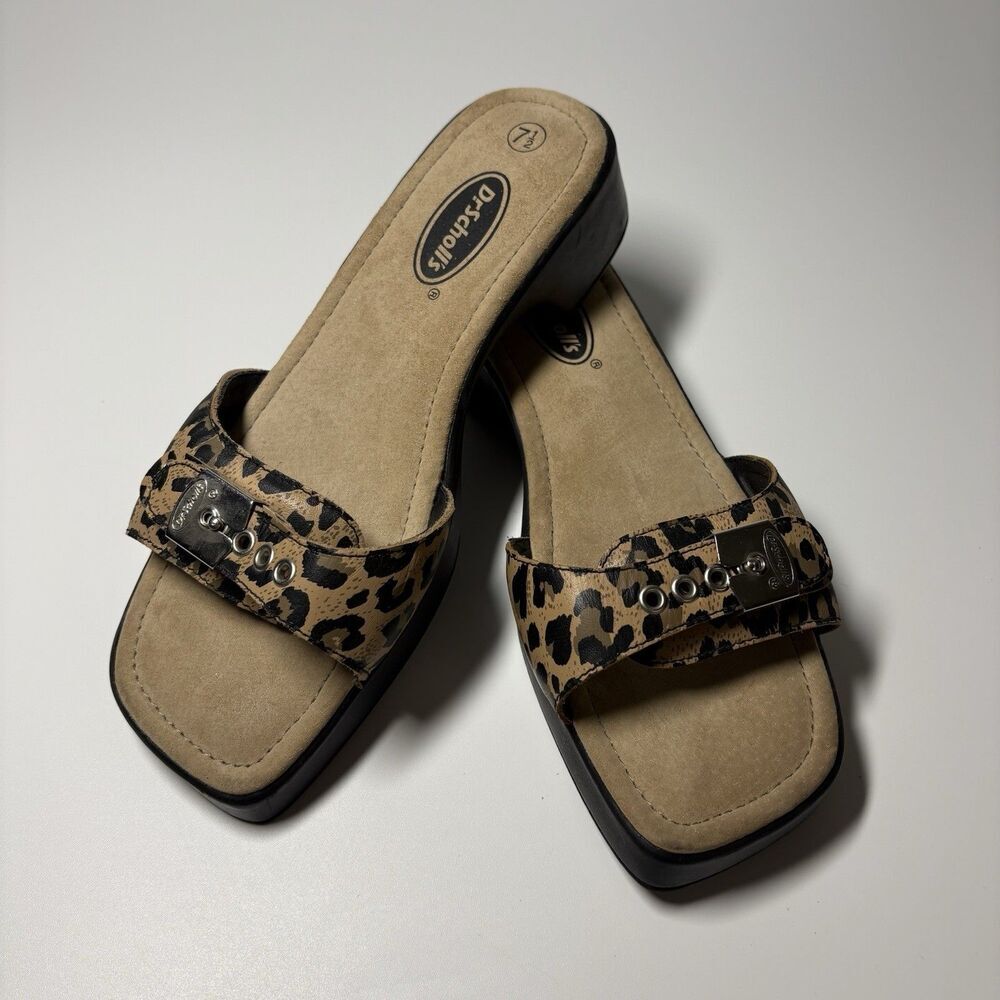 Vintage 70s Dr Scholls Original Sandals Block Heel 7.5 Cheetah Print